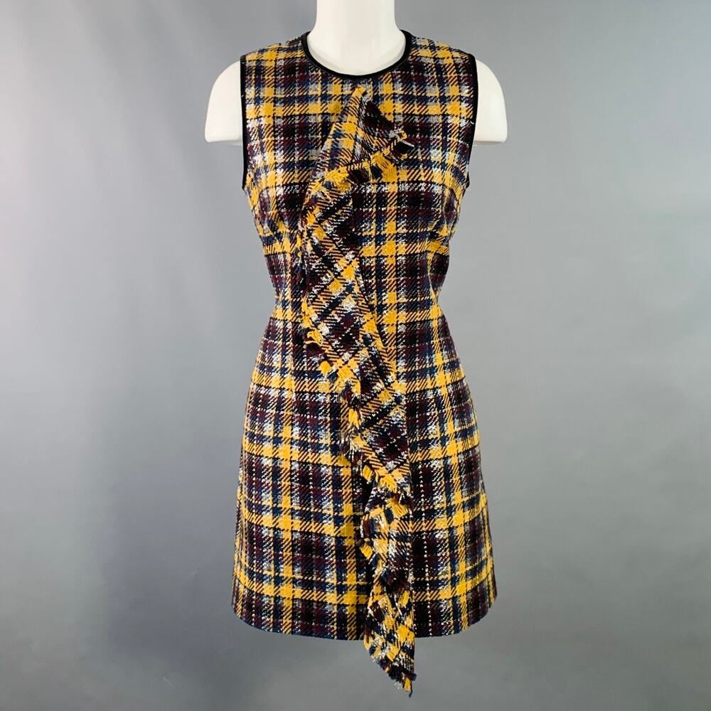 MSGM Size 8 Yellow Black Silver Wool Blend Ruffle Plaid Mini Dress